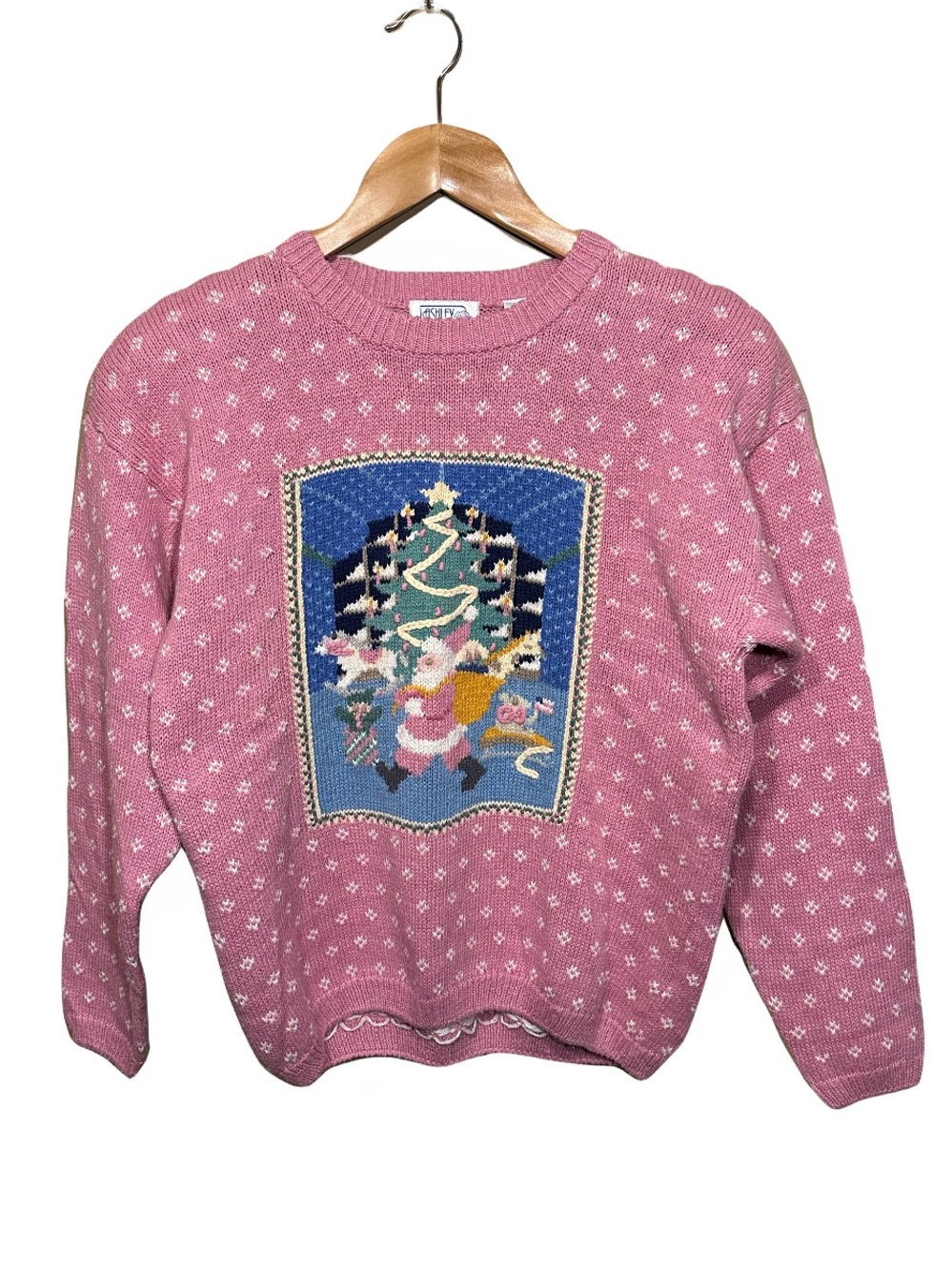 Vintage 90s Hand Embroidered Santa Christmas Tree Sweater Ashley Petites Size PM